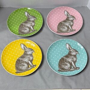 Set of Four Bia Cordon Bleu Snow Woodland Bunny Rabbit Polka Dot Rabbit Plates